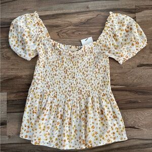 Promesa White and Orange Floral Puff Sleeve Blouse